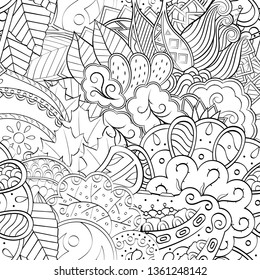 Tracery seamless pattern. Mehndi design. Ethnic monochrome binary doodle texture. Curved doodling black and white background. Vector