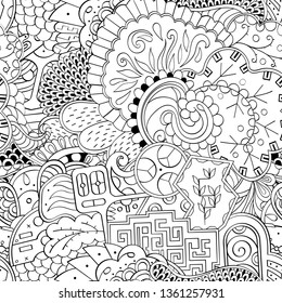 Tracery seamless pattern. Mehndi design. Ethnic monochrome binary doodle texture. Curved doodling black and white background. Vector
