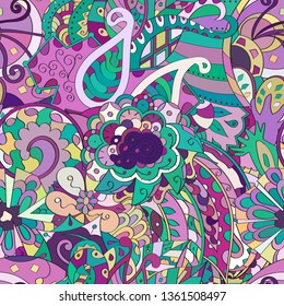 Tracery seamless pattern. Mehndi design. Ethnic colorful doodle texture. Curved doodling background. Vector