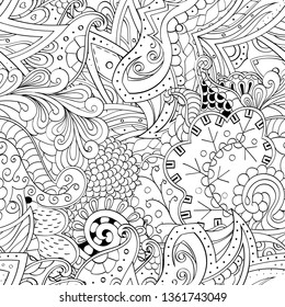 Tracery seamless pattern. Mehndi design. Ethnic monochrome binary doodle texture. Curved doodling black and white background. Vector