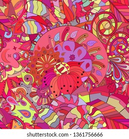 Tracery seamless pattern. Mehndi design. Ethnic colorful doodle texture. Curved doodling background. Vector