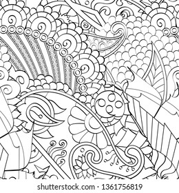 Tracery seamless pattern. Mehndi design. Ethnic monochrome binary doodle texture. Curved doodling black and white background. Vector