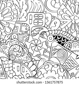 Tracery seamless pattern. Mehndi design. Ethnic monochrome binary doodle texture. Curved doodling black and white background. Vector