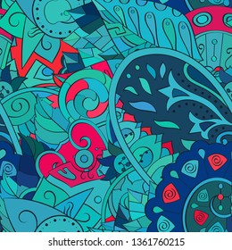 Tracery seamless pattern. Mehndi design. Ethnic colorful doodle texture. Curved doodling background. Vector
