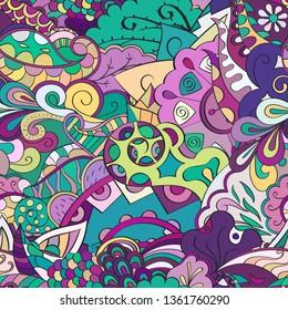 Tracery seamless pattern. Mehndi design. Ethnic colorful doodle texture. Curved doodling background. Vector