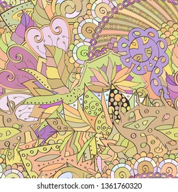 Tracery seamless pattern. Mehndi design. Ethnic colorful doodle texture. Curved doodling background. Vector