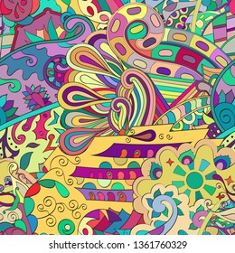 Tracery seamless pattern. Mehndi design. Ethnic colorful doodle texture. Curved doodling background. Vector