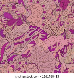 Tracery seamless pattern. Mehndi design. Ethnic colorful doodle texture. Curved doodling background. Vector