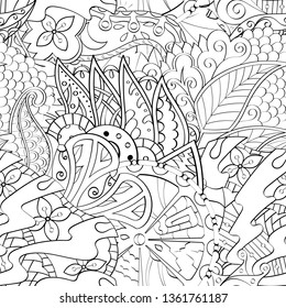 Tracery seamless pattern. Mehndi design. Ethnic monochrome binary doodle texture. Curved doodling black and white background. Vector