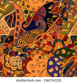 Tracery seamless pattern. Mehndi design. Ethnic colorful doodle texture. Curved doodling background. Vector