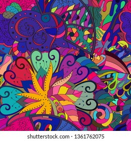 Tracery seamless pattern. Mehndi design. Ethnic colorful doodle texture. Curved doodling background. Vector