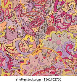 Tracery seamless pattern. Mehndi design. Ethnic colorful doodle texture. Curved doodling background. Vector