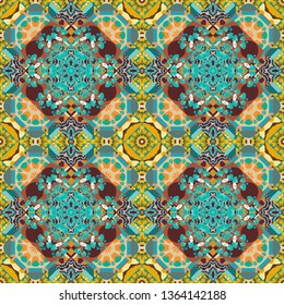 Tracery seamless pattern. Mehndi design. Ethnic colorful doodle texture in orange, brown and blue colors. Vector curved doodling background.