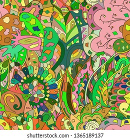 Tracery seamless pattern. Mehndi design. Ethnic colorful doodle texture. Curved doodling background. Vector