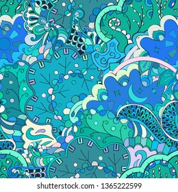Tracery seamless pattern. Mehndi design. Ethnic colorful doodle texture. Curved doodling background. Vector