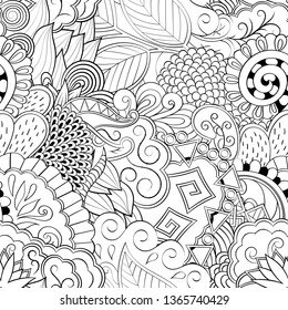 Tracery seamless pattern. Mehndi design. Ethnic monochrome binary doodle texture. Curved doodling black and white background. Vector
