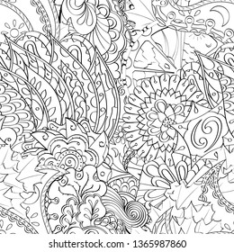Tracery seamless pattern. Mehndi design. Ethnic monochrome binary doodle texture. Curved doodling black and white background. Vector