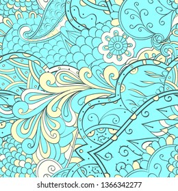Tracery seamless pattern. Mehndi design. Ethnic colorful doodle texture. Curved doodling background. Vector
