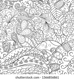 Tracery seamless pattern. Mehndi design. Ethnic monochrome binary doodle texture. Curved doodling black and white background. Vector