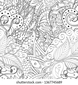 Tracery seamless pattern. Mehndi design. Ethnic monochrome binary doodle texture. Curved doodling black and white background. Vector