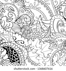 Tracery seamless pattern. Mehndi design. Ethnic monochrome binary doodle texture. Curved doodling black and white background. Vector