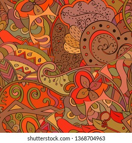 Tracery seamless pattern. Mehndi design. Ethnic colorful doodle texture. Curved doodling background. Vector