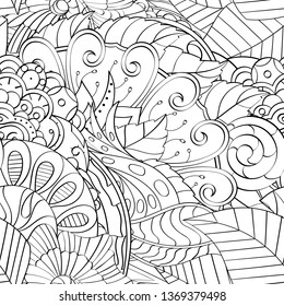 Tracery seamless pattern. Mehndi design. Ethnic monochrome binary doodle texture. Curved doodling black and white background. Vector
