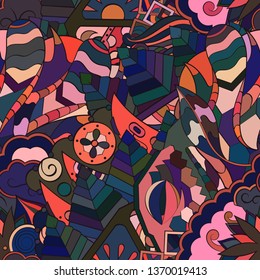 Tracery seamless pattern. Mehndi design. Ethnic colorful doodle texture. Curved doodling background. Vector