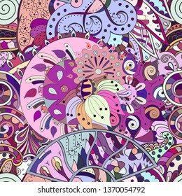 Tracery seamless pattern. Mehndi design. Ethnic colorful doodle texture. Curved doodling background. Vector