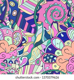 Tracery seamless pattern. Mehndi design. Ethnic colorful doodle texture. Curved doodling background. Vector