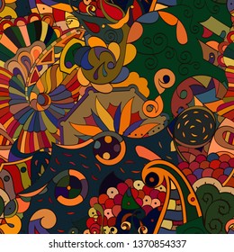 Tracery seamless pattern. Mehndi design. Ethnic colorful doodle texture. Curved doodling background. Vector