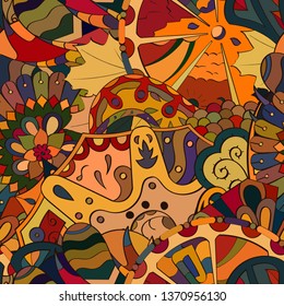 Tracery seamless pattern. Mehndi design. Ethnic colorful doodle texture. Curved doodling background. Vector