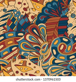 Tracery seamless pattern. Mehndi design. Ethnic colorful doodle texture. Curved doodling background. Vector