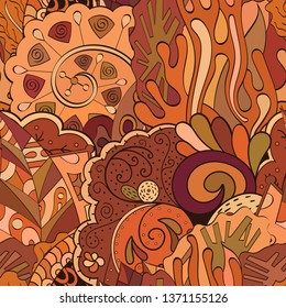 Tracery seamless pattern. Mehndi design. Ethnic colorful doodle texture. Curved doodling background. Vector