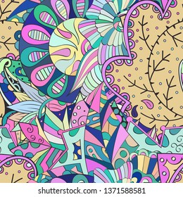 Tracery seamless pattern. Mehndi design. Ethnic colorful doodle texture. Curved doodling background. Vector
