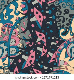 Tracery seamless pattern. Mehndi design. Ethnic colorful doodle texture. Curved doodling background. Vector