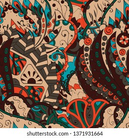 Tracery seamless pattern. Mehndi design. Ethnic colorful doodle texture. Curved doodling background. Vector