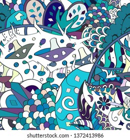 Tracery seamless pattern. Mehndi design. Ethnic colorful doodle texture. Curved doodling background. Vector