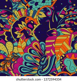 Tracery seamless pattern. Mehndi design. Ethnic colorful doodle texture. Curved doodling background. Vector