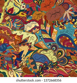 Tracery seamless pattern. Mehndi design. Ethnic colorful doodle texture. Curved doodling background. Vector