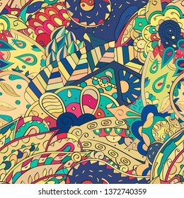 Tracery seamless pattern. Mehndi design. Ethnic colorful doodle texture. Curved doodling background. Vector