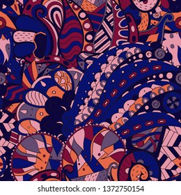 Tracery seamless pattern. Mehndi design. Ethnic colorful doodle texture. Curved doodling background. Vector