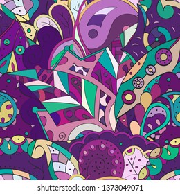 Tracery seamless pattern. Mehndi design. Ethnic colorful doodle texture. Curved doodling background. Vector