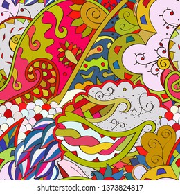 Tracery seamless pattern. Mehndi design. Ethnic colorful doodle texture. Curved doodling background. Vector