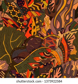 Tracery seamless pattern. Mehndi design. Ethnic colorful doodle texture. Curved doodling background. Vector