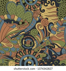 Tracery seamless pattern. Mehndi design. Ethnic colorful doodle texture. Curved doodling background. Vector
