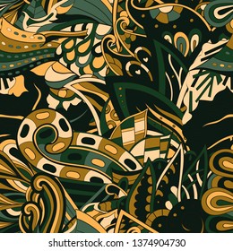 Tracery seamless pattern. Mehndi design. Ethnic colorful doodle texture. Curved doodling background. Vector
