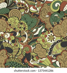 Tracery seamless pattern. Mehndi design. Ethnic colorful doodle texture. Curved doodling background. Vector