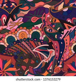 Tracery seamless pattern. Mehndi design. Ethnic colorful doodle texture. Curved doodling background. Vector