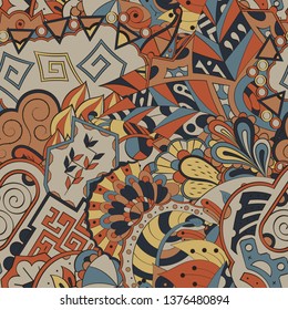 Tracery seamless pattern. Mehndi design. Ethnic colorful doodle texture. Curved doodling background. Vector